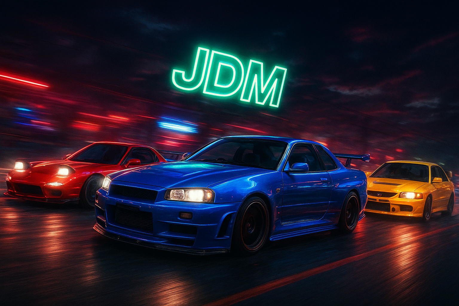 Three cars on a track with 'JDM' neon sign in the background
